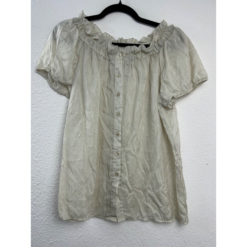 Sami + Jo Womens Sz L Y2K Semi Sheer Top Beige Whimsy Witchy Boho Peasant Button